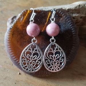 Pink Rhodonite Quartz x Nepalese Lace Floral Charm Earrings